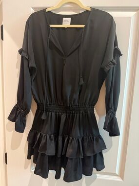 Misa Los Angeles Black Ruffle-Tier Smocked-Waist Mini Dress with Tie Neck